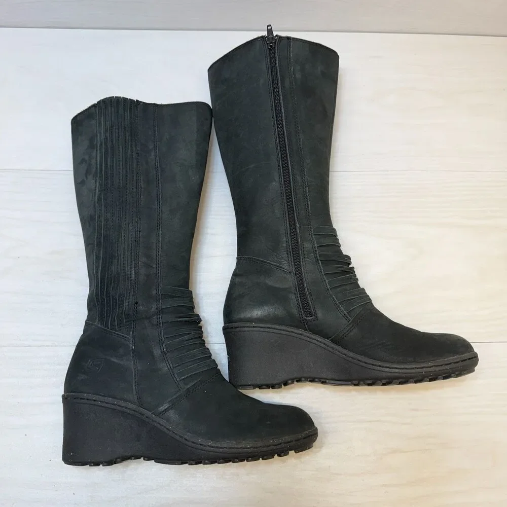 KEEN Zurich High Boot Womens Size 8.5 Black Leather Wedge Heel Mid Calf Side Zip